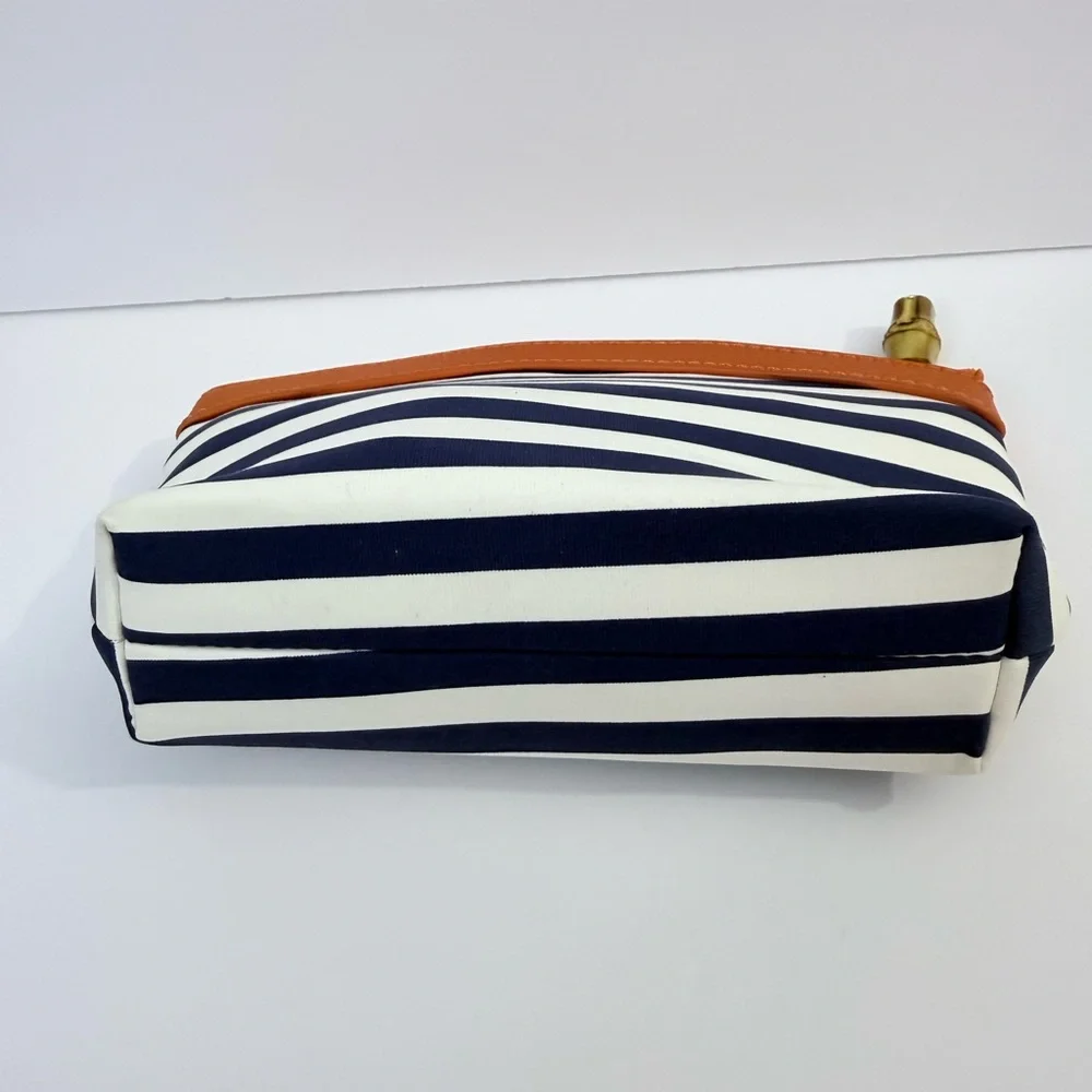 J. McLaughlin Navy and White Striped Cosmetic Bag with Tan Trim - Picture 10 of 10